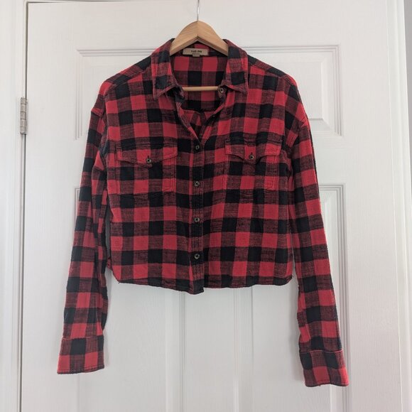 Harlow cropped flannel shirt red black buffalo plaid size small - Picture 1 of 13